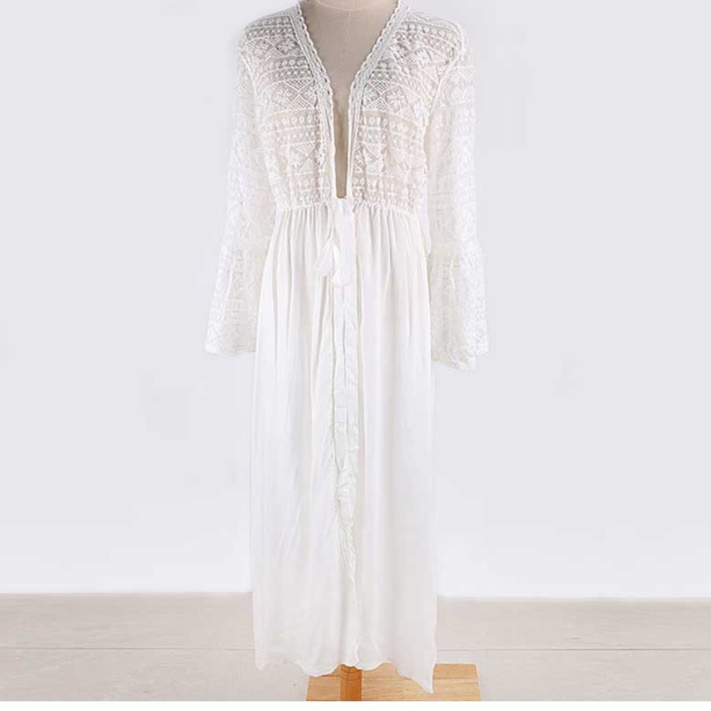 Boho white lace maxi dress cover up waist Kimono - Picture 9 of 9